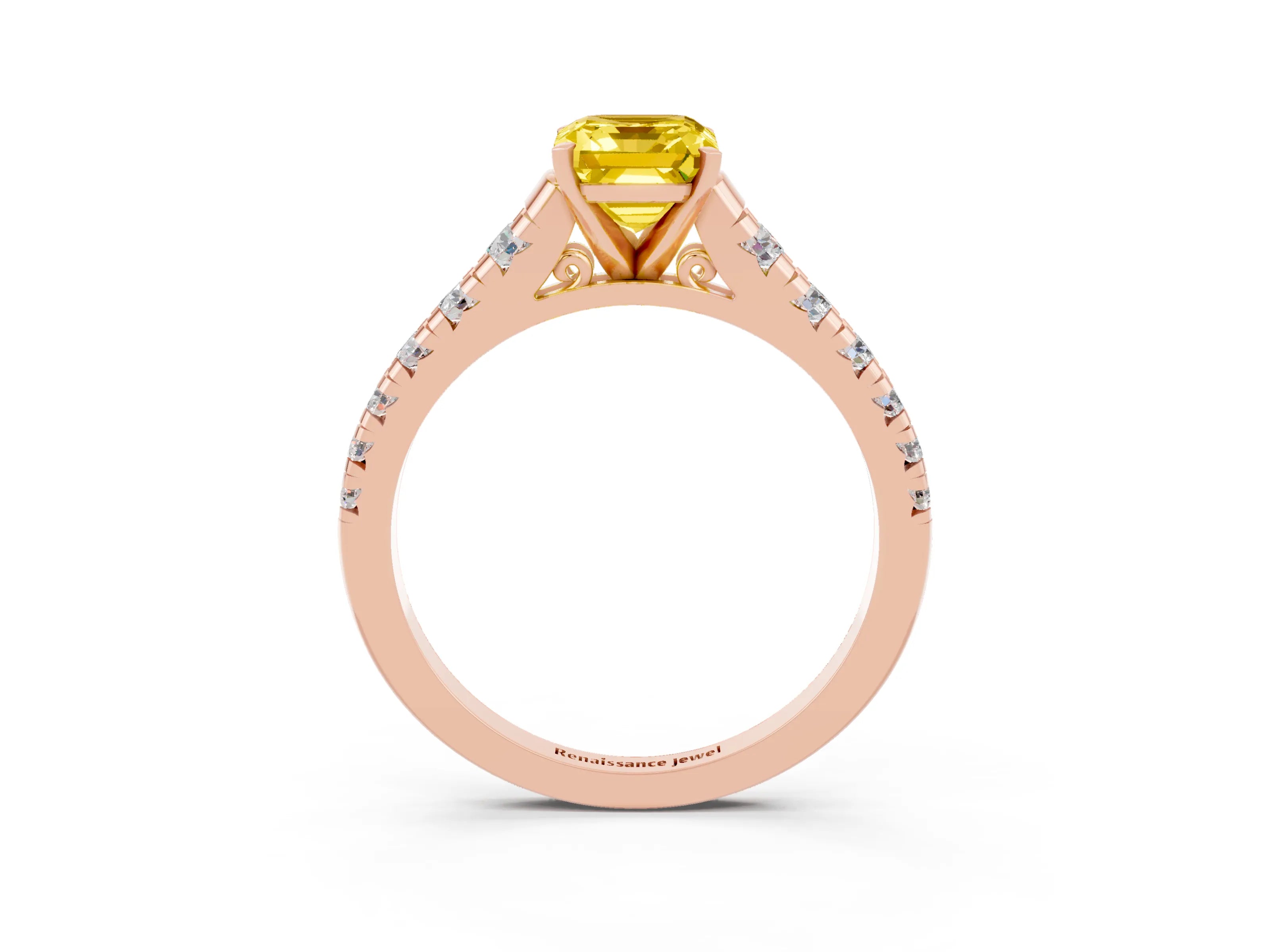 Rose gold Emerald Cut Yellow Sapphire Solitaire Ring with Cathedral Setting and Pavé Band_27
