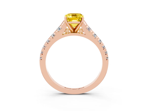 Rose gold Emerald Cut Yellow Sapphire Cathedral Solitaire Ring with Round  Pavé Band