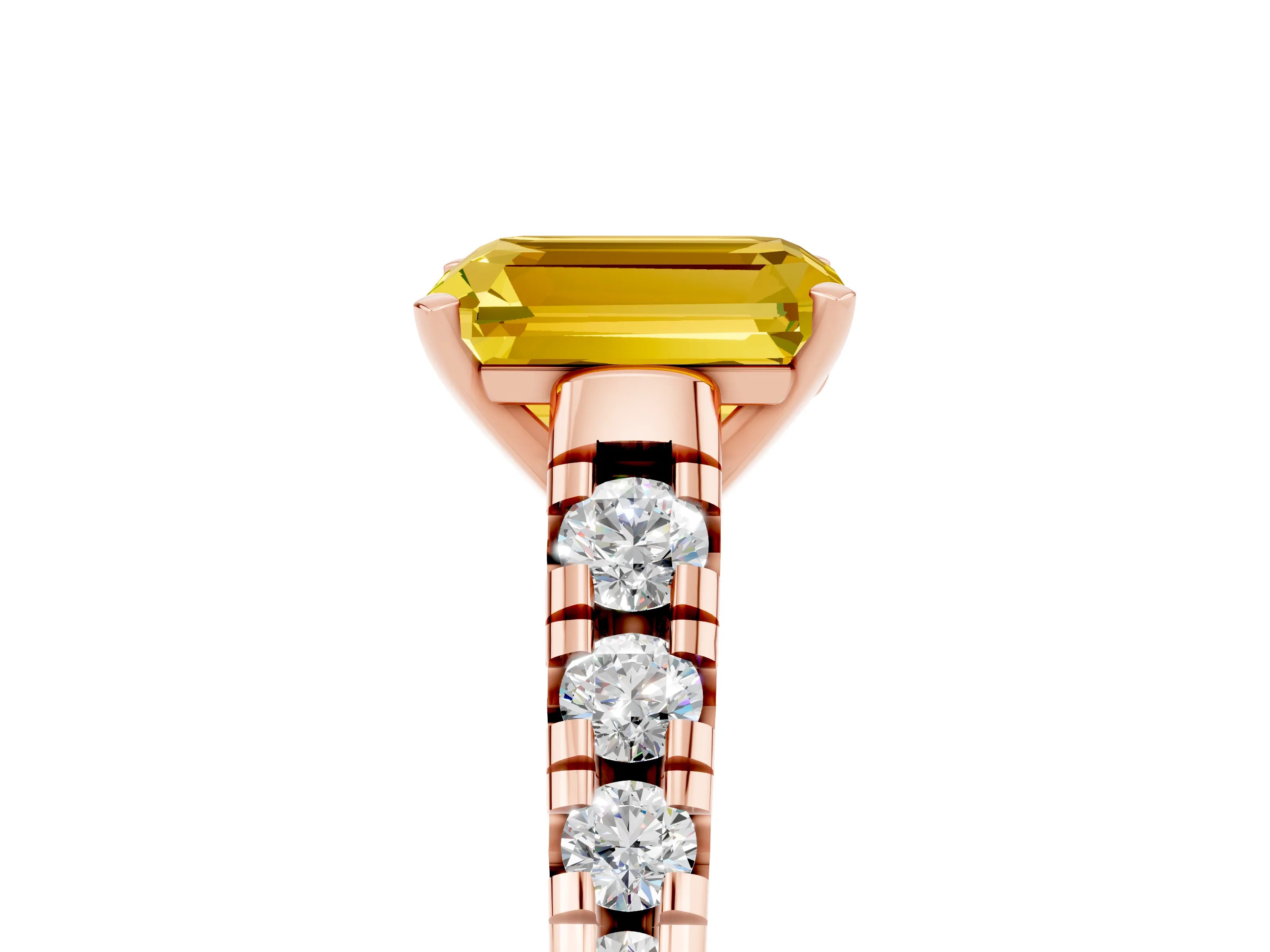 Rose gold Emerald Cut Yellow Sapphire Solitaire Ring with Cathedral Setting and Pavé Band_29