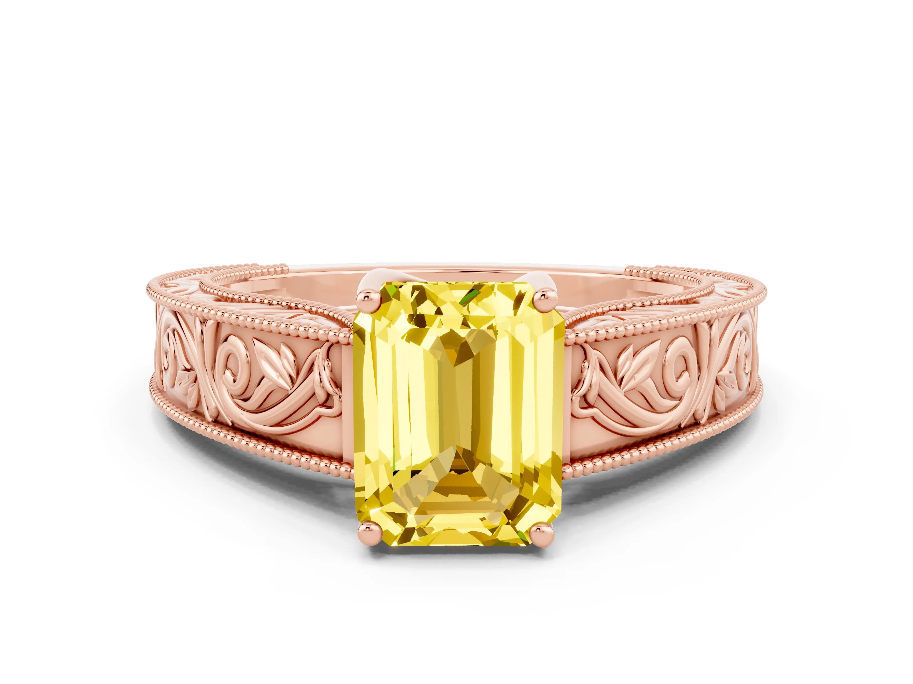 Rose gold Emerald Cut Yellow Sapphire Solitaire Ring with Engraved Band and Four-Prong Setting