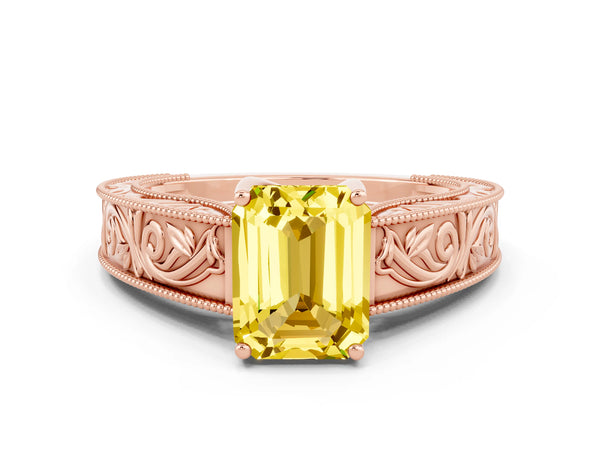 Rose gold Emerald Cut Yellow Sapphire Solitaire Ring with Engraved Band and Four-Prong Setting