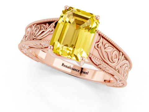 Rose gold Emerald Cut Yellow Sapphire Solitaire Ring with Engraved Band and Four-Prong Setting_1