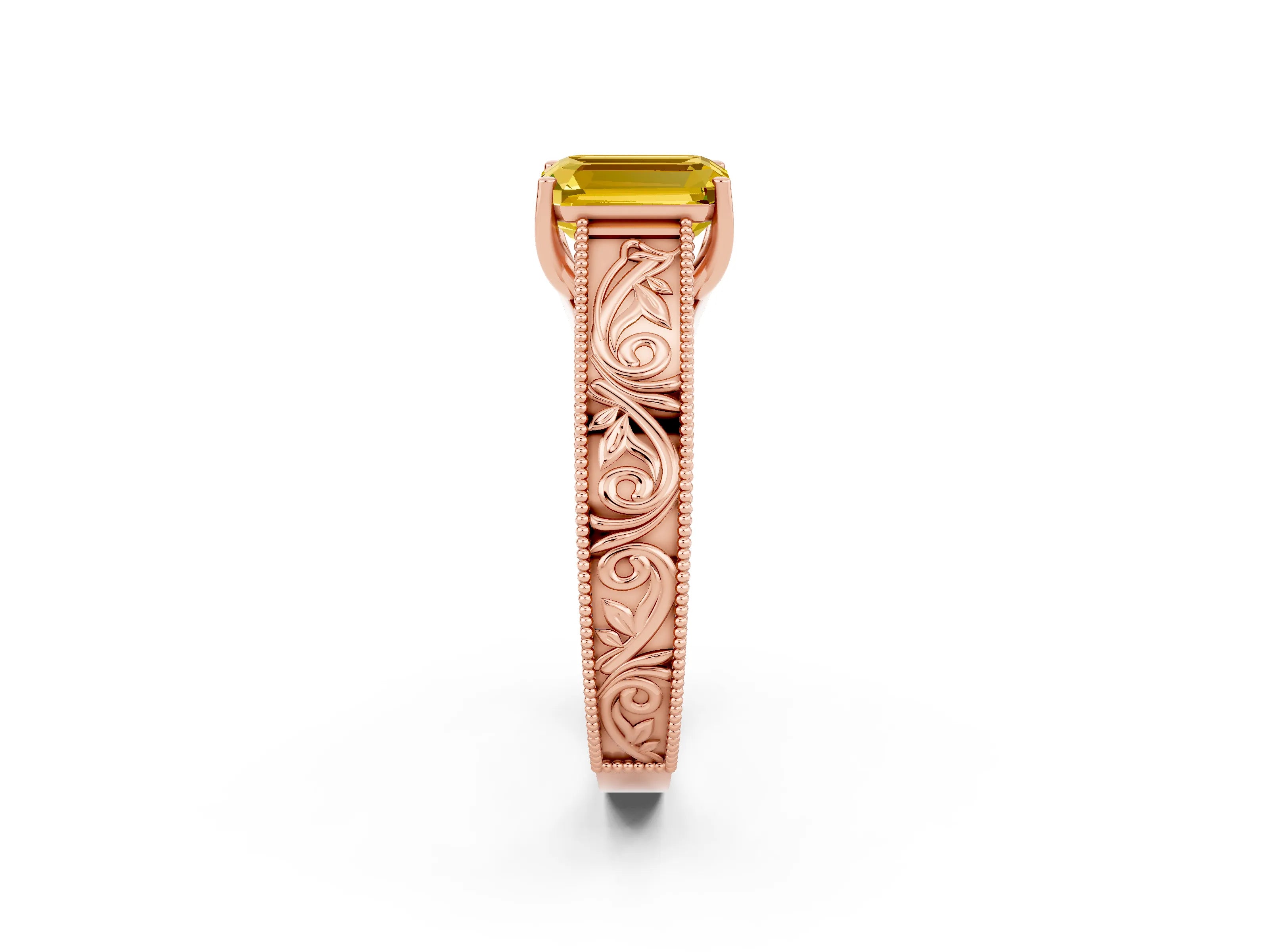 Rose gold Emerald Cut Yellow Sapphire Solitaire Ring with Engraved Band and Four-Prong Setting_2