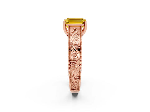 Rose gold Emerald Cut Yellow Sapphire Solitaire Ring with Engraved Band and Four-Prong Setting_2