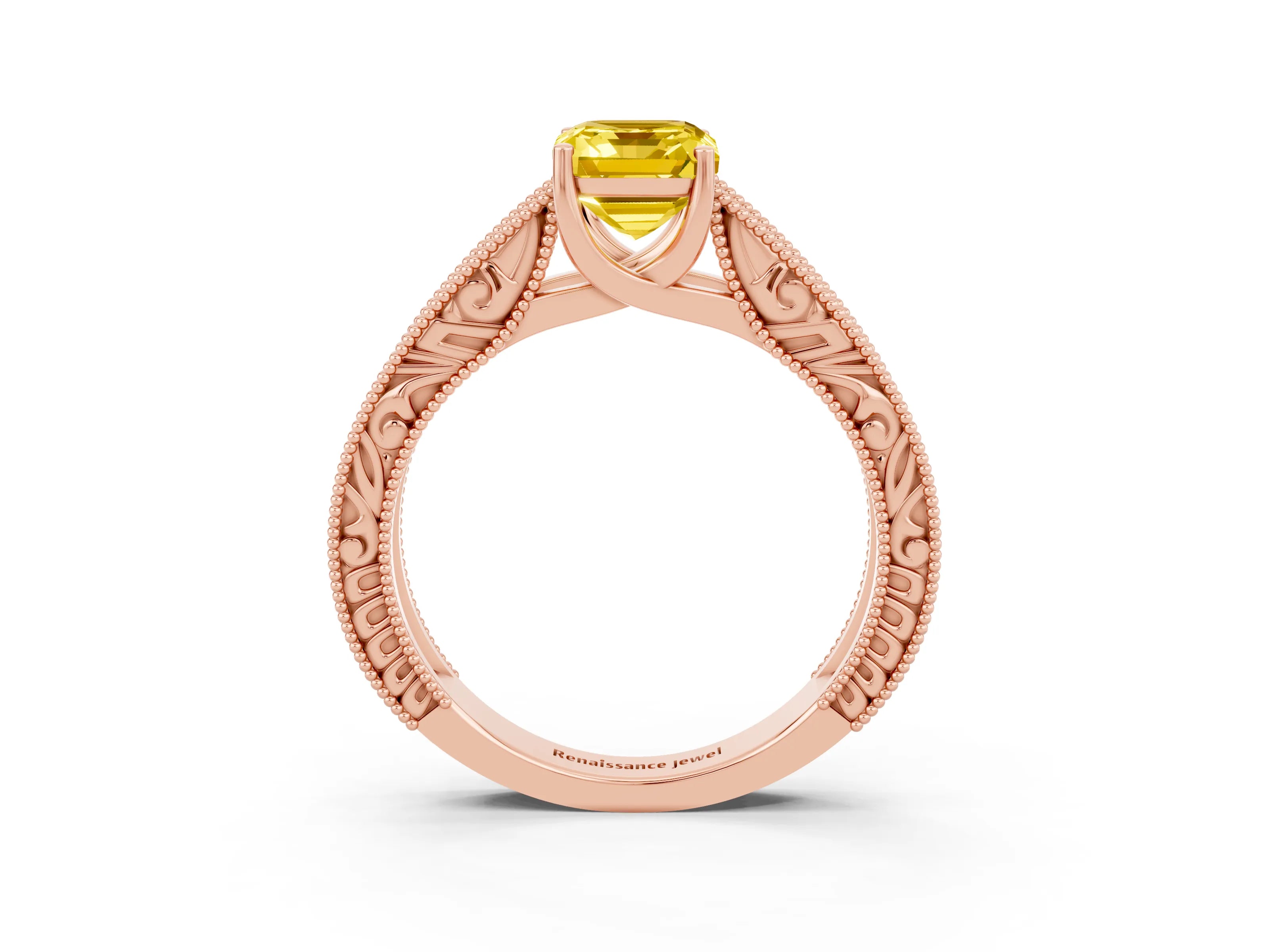 Rose gold Emerald Cut Yellow Sapphire Solitaire Ring with Engraved Band and Four-Prong Setting_3