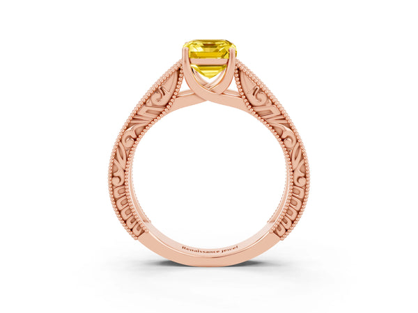 Rose gold Emerald Cut Yellow Sapphire Solitaire Ring with Engraved Band and Four-Prong Setting