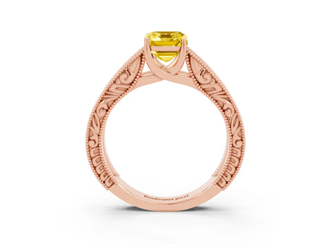 Rose gold Emerald Cut Yellow Sapphire Solitaire Ring with Engraved Band and Four-Prong Setting_3