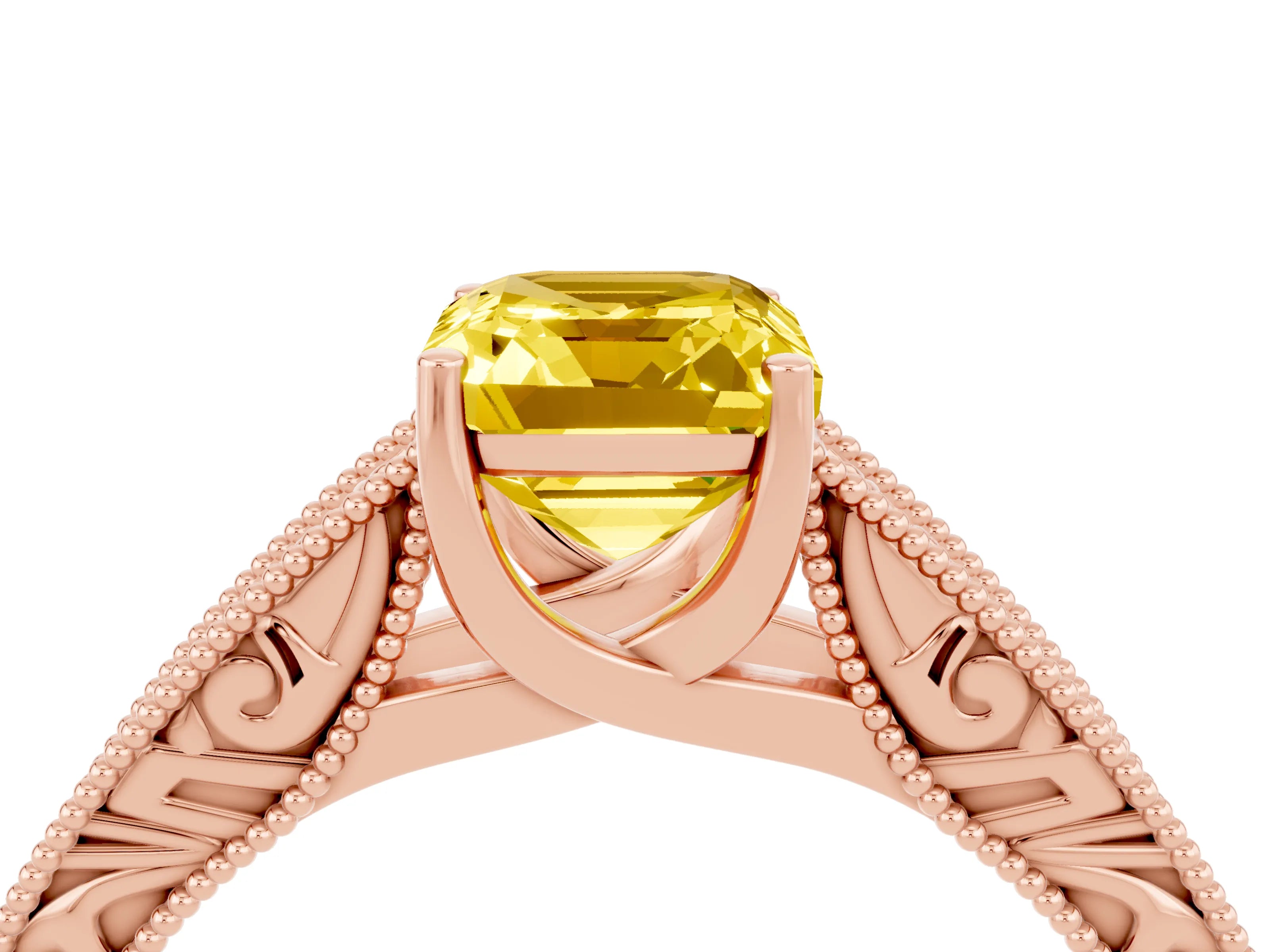 Rose gold Emerald Cut Yellow Sapphire Solitaire Ring with Engraved Band and Four-Prong Setting_4