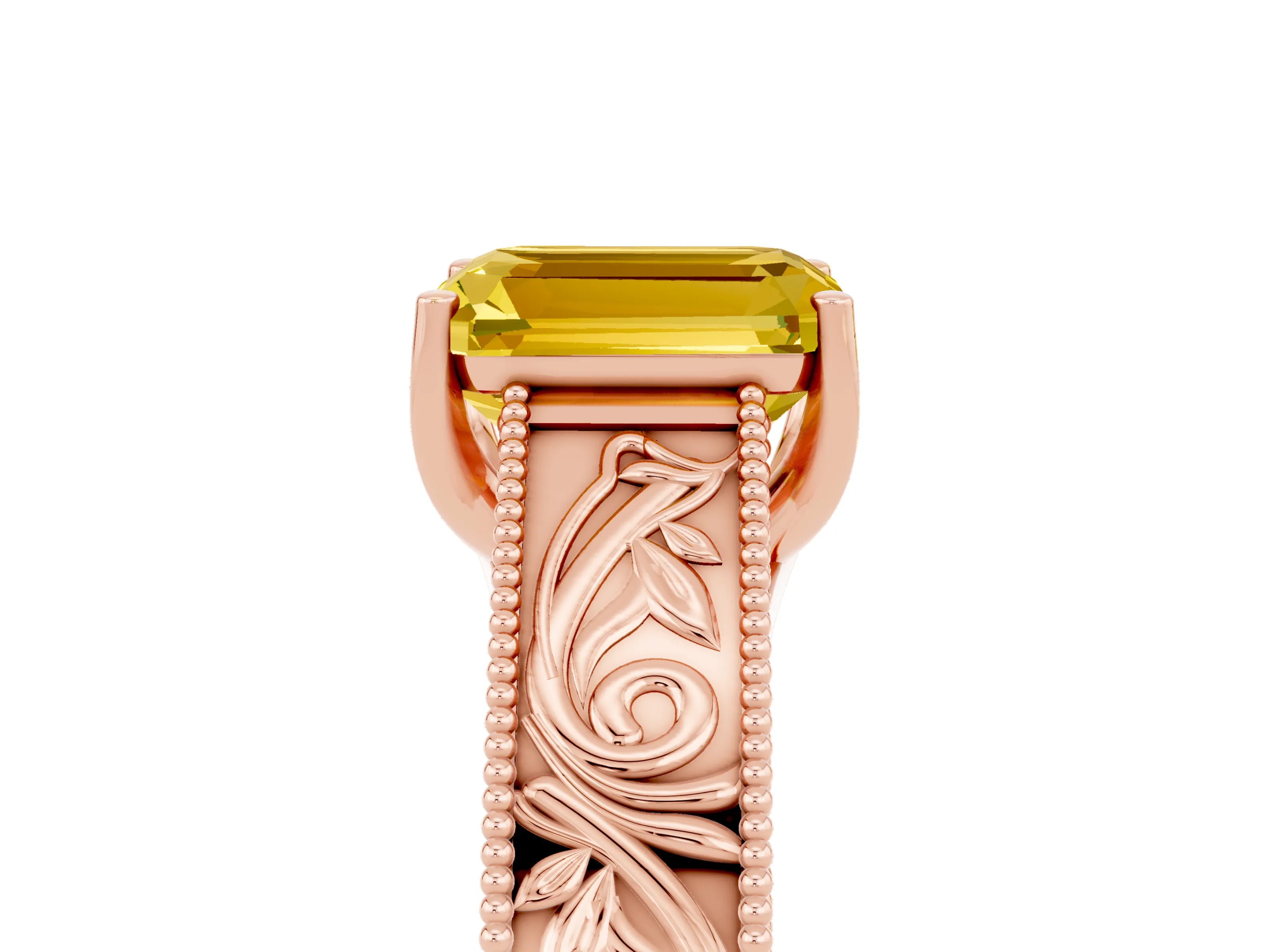 Rose gold Emerald Cut Yellow Sapphire Solitaire Ring with Engraved Band and Four-Prong Setting_5