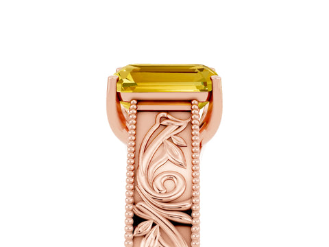 Rose gold Emerald Cut Yellow Sapphire Solitaire Ring with Engraved Band and Four-Prong Setting_5