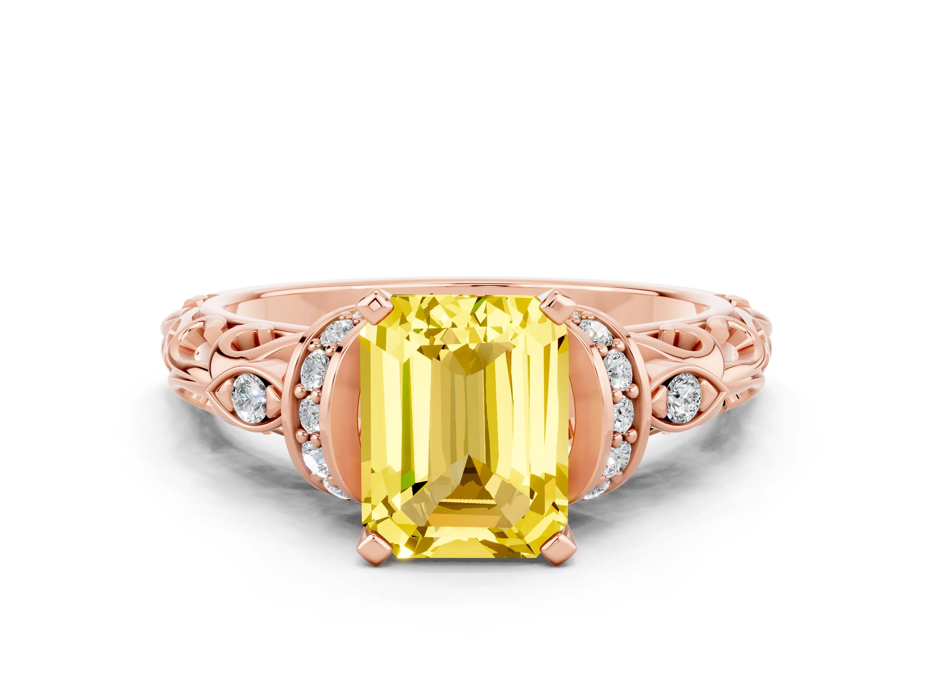 Rose gold Emerald Cut Yellow Sapphire Solitaire Ring with Filigree Band and Four-Prong Setting_48