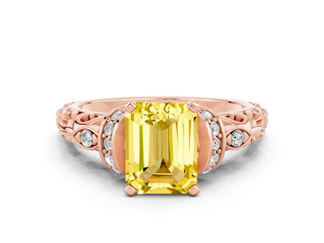 Rose gold Emerald Cut Yellow Sapphire Solitaire Ring with Filigree Band and Four-Prong Setting_48