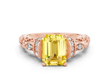 Rose gold Emerald Cut Yellow Sapphire Solitaire Ring with Filigree Band and Four-Prong Setting_48