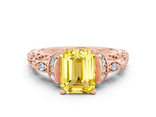 Rose gold Emerald Cut Yellow Sapphire Solitaire Ring with Filigree Band and Four-Prong Setting