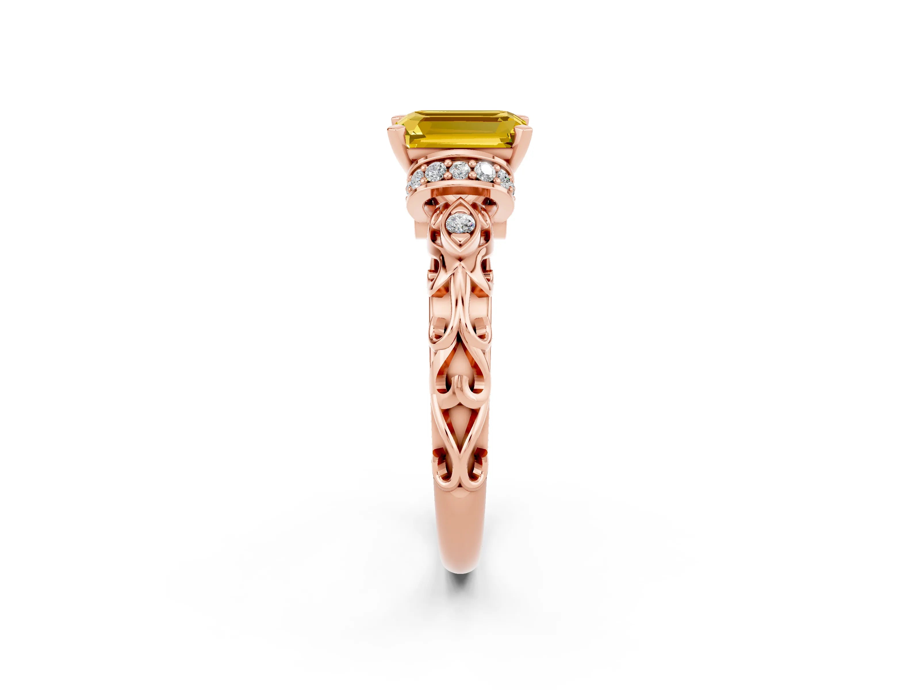 Rose gold Emerald Cut Yellow Sapphire Solitaire Ring with Filigree Band and Four-Prong Setting_50