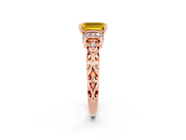Rose gold Emerald Cut Yellow Sapphire Solitaire Ring with Filigree Band and Four-Prong Setting