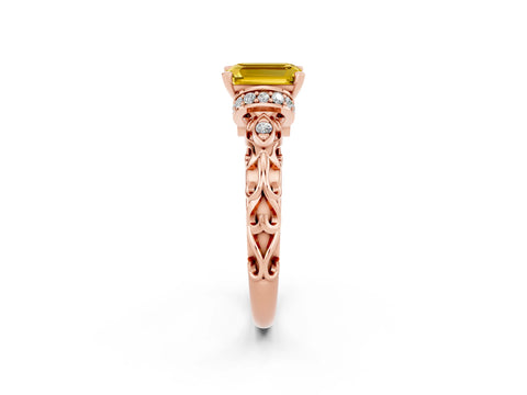 Rose gold Emerald Cut Yellow Sapphire Solitaire Ring with Filigree Band and Four-Prong Setting_50