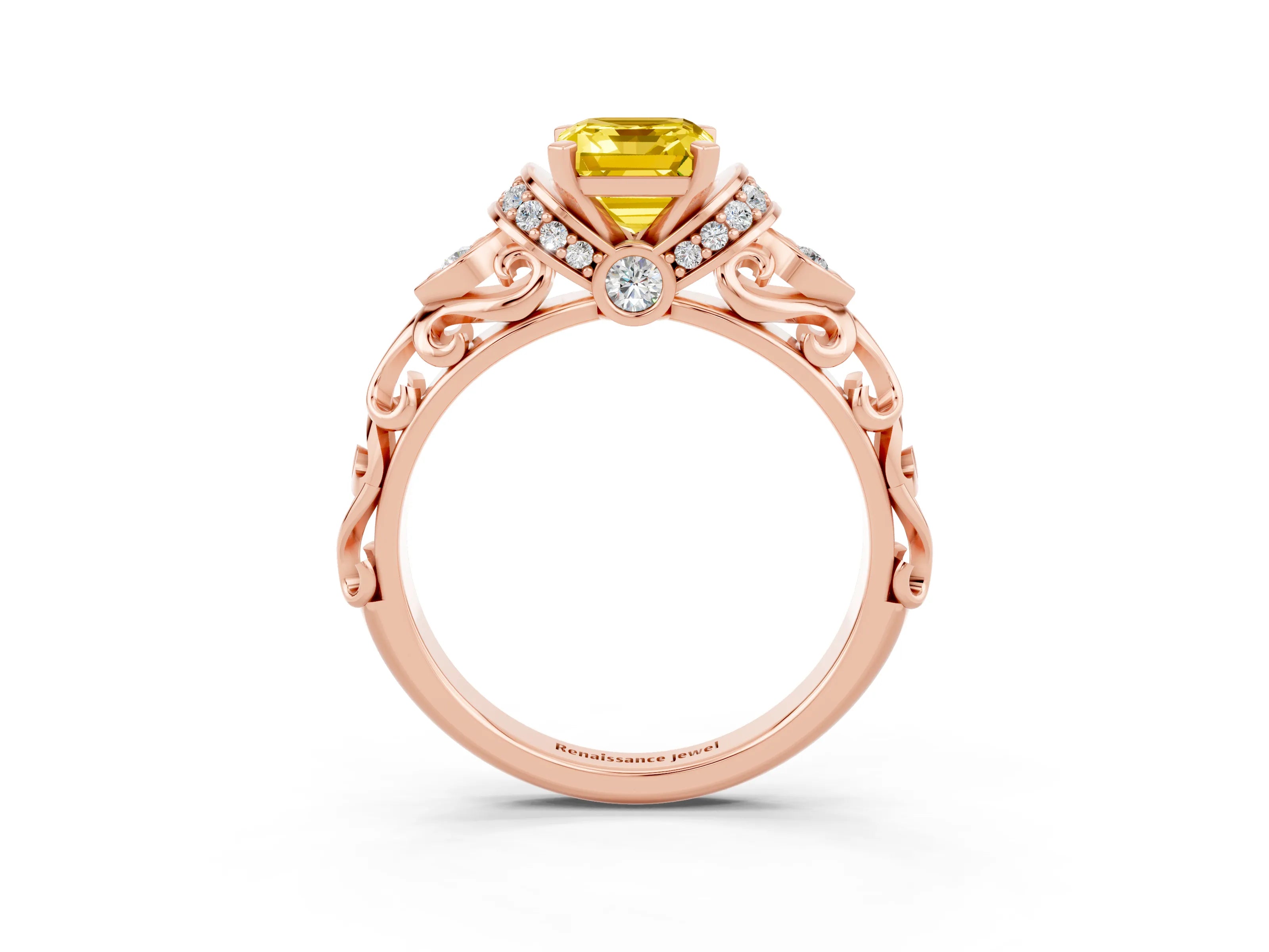 Rose gold Emerald Cut Yellow Sapphire Solitaire Ring with Filigree Band and Four-Prong Setting_51