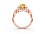 Rose gold Emerald Cut Yellow Sapphire Solitaire Ring with Filigree Band and Four-Prong Setting_51