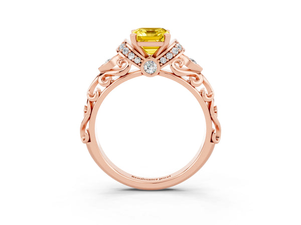 Rose gold Emerald Cut Yellow Sapphire Solitaire Ring with Filigree Band and Four-Prong Setting