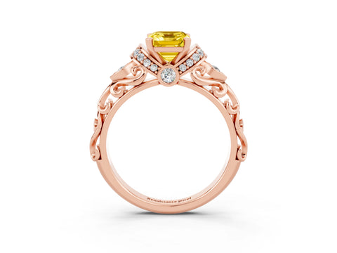 Rose gold Emerald Cut Yellow Sapphire Solitaire Ring with Filigree Band and Four-Prong Setting_51