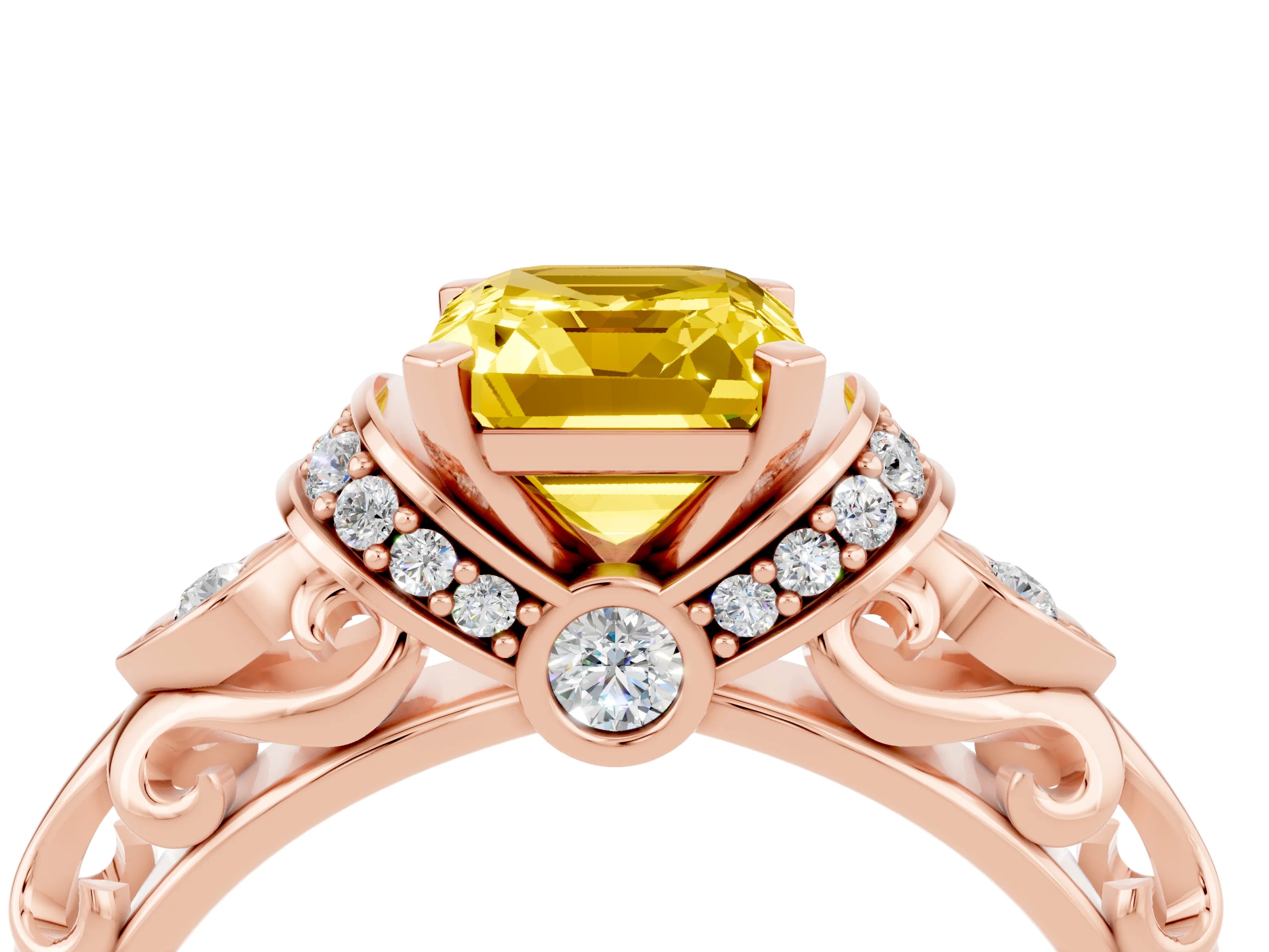 Rose gold Emerald Cut Yellow Sapphire Solitaire Ring with Filigree Band and Four-Prong Setting_52