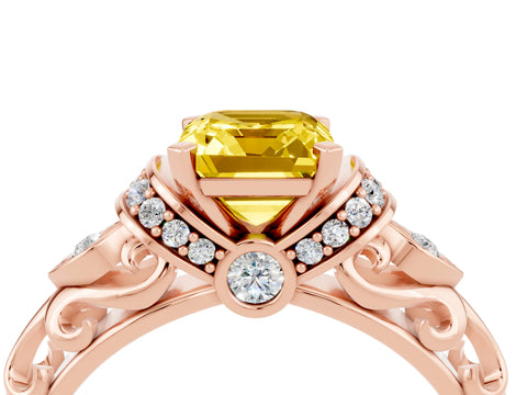 Rose gold Emerald Cut Yellow Sapphire Solitaire Ring with Filigree Band and Four-Prong Setting_52