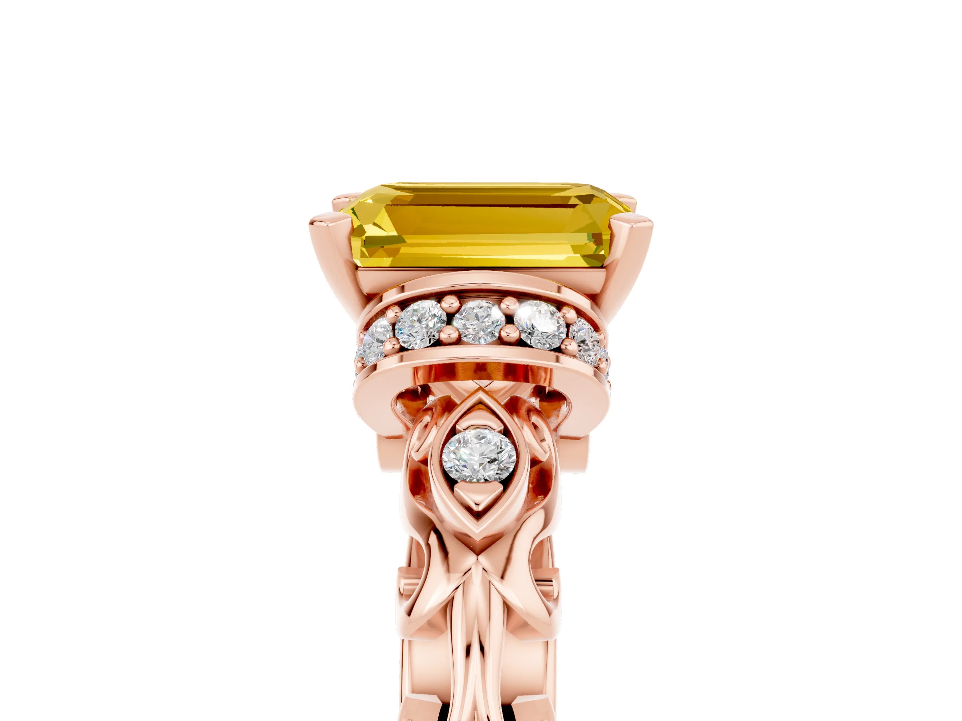 Rose gold Emerald Cut Yellow Sapphire Solitaire Ring with Filigree Band and Four-Prong Setting_53