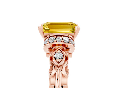Rose gold Emerald Cut Yellow Sapphire Solitaire Ring with Filigree Band and Four-Prong Setting_53