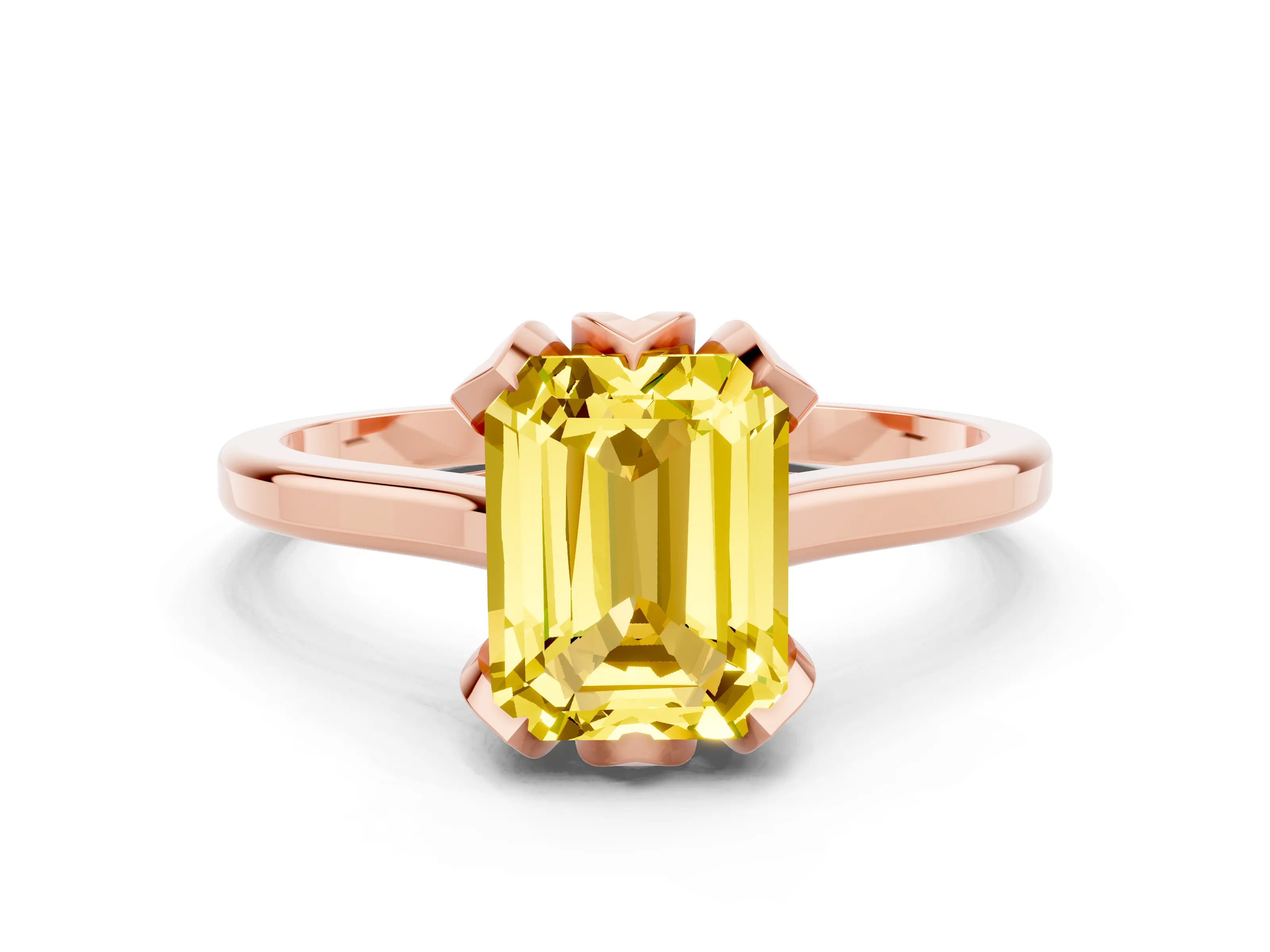 Rose gold Emerald Cut Yellow Sapphire Solitaire Ring with Flower Prong Setting and Classic Band_12