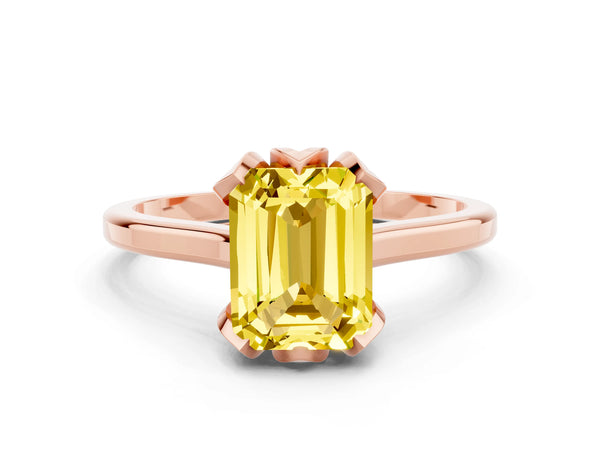 Rose gold Emerald Cut Yellow Sapphire Solitaire Ring with Flower Prong Setting and Classic Band