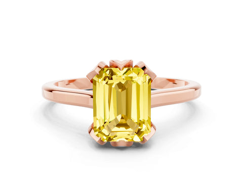 Rose gold Emerald Cut Yellow Sapphire Solitaire Ring with Flower Prong Setting and Classic Band_12