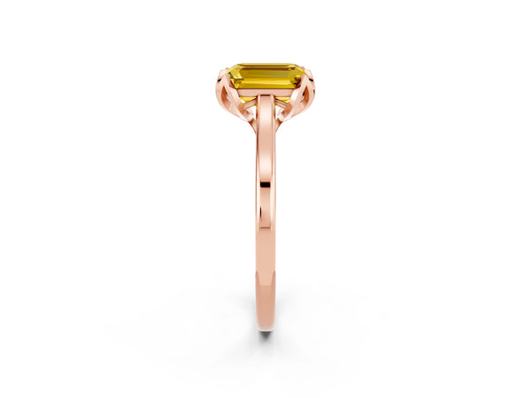 Rose gold Emerald Cut Yellow Sapphire Solitaire Ring with Flower Prong Setting and Classic Band