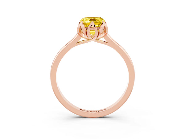 Rose gold Emerald Cut Yellow Sapphire Solitaire Ring with Flower Prong Setting and Classic Band