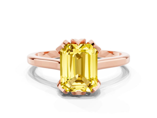 Rose gold Emerald Cut Yellow Sapphire Solitaire Ring with Flower Prong Setting and Classic Band