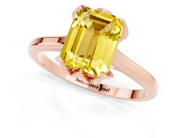 Rose gold Emerald Cut Yellow Sapphire Solitaire Ring with Flower Prong Setting and Classic Band