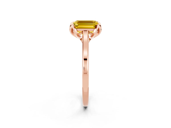 Rose gold Emerald Cut Yellow Sapphire Solitaire Ring with Flower Prong Setting and Classic Band