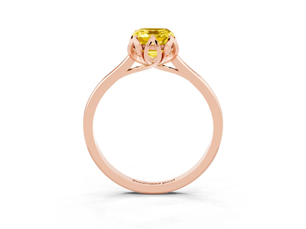 Rose gold Emerald Cut Yellow Sapphire Solitaire Ring with Flower Prong Setting and Classic Band