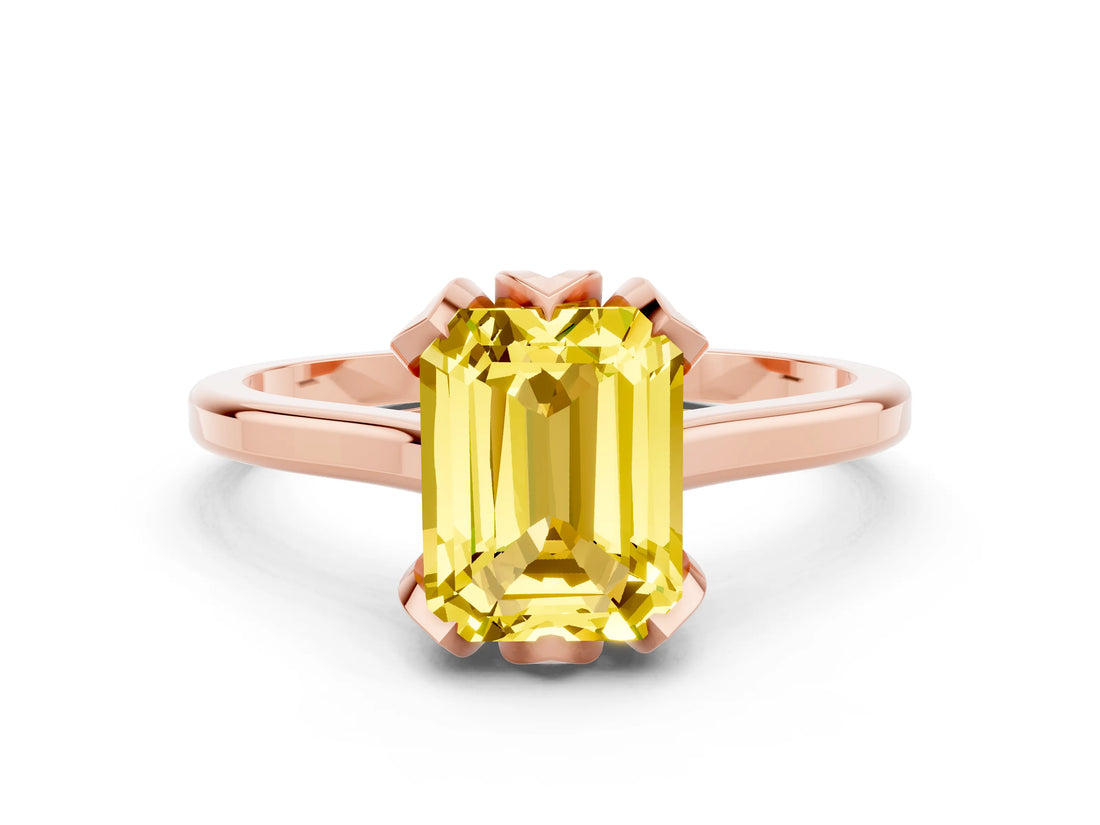 Rose gold Emerald Cut Yellow Sapphire Solitaire Ring with Flower Prong Setting and Classic Band_36