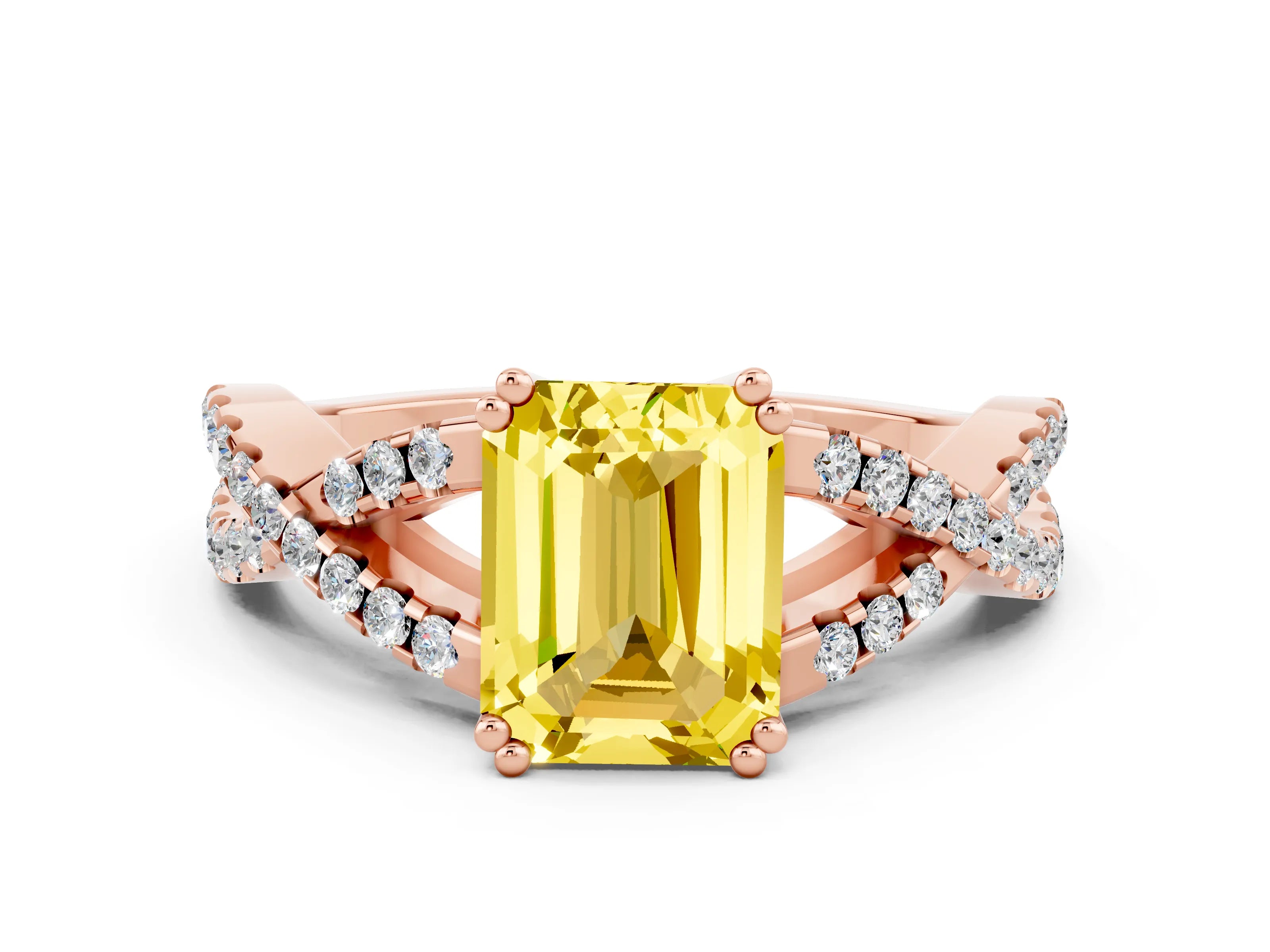 Rose gold Emerald Cut Yellow Sapphire Solitaire Ring with Four-Prong Setting and Twisted Pavé Band_12