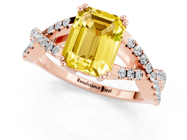 Rose gold Emerald Cut Yellow Sapphire Solitaire Ring with Four-Prong Setting and Twisted Pavé Band