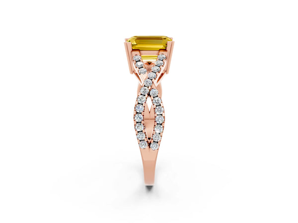 Rose gold Emerald Cut Yellow Sapphire Solitaire Ring with Four-Prong Setting and Twisted Pavé Band