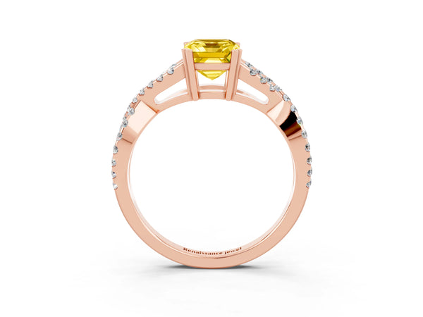 Rose gold Emerald Cut Yellow Sapphire Solitaire Ring with Four-Prong Setting and Twisted Pavé Band