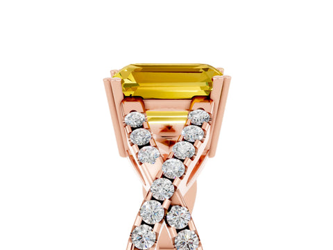 Rose gold Emerald Cut Yellow Sapphire Solitaire Ring with Four-Prong Setting and Twisted Pavé Band_17