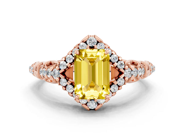 Rose gold Emerald Cut Yellow Sapphire Solitaire Ring with Hidden Halo and Pavé Band