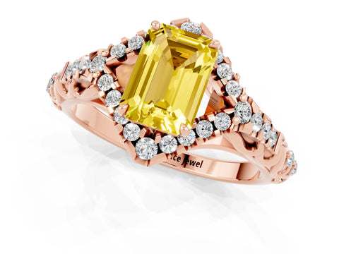 Rose gold Emerald Cut Yellow Sapphire Solitaire Ring with Hidden Halo and Pavé Band_13