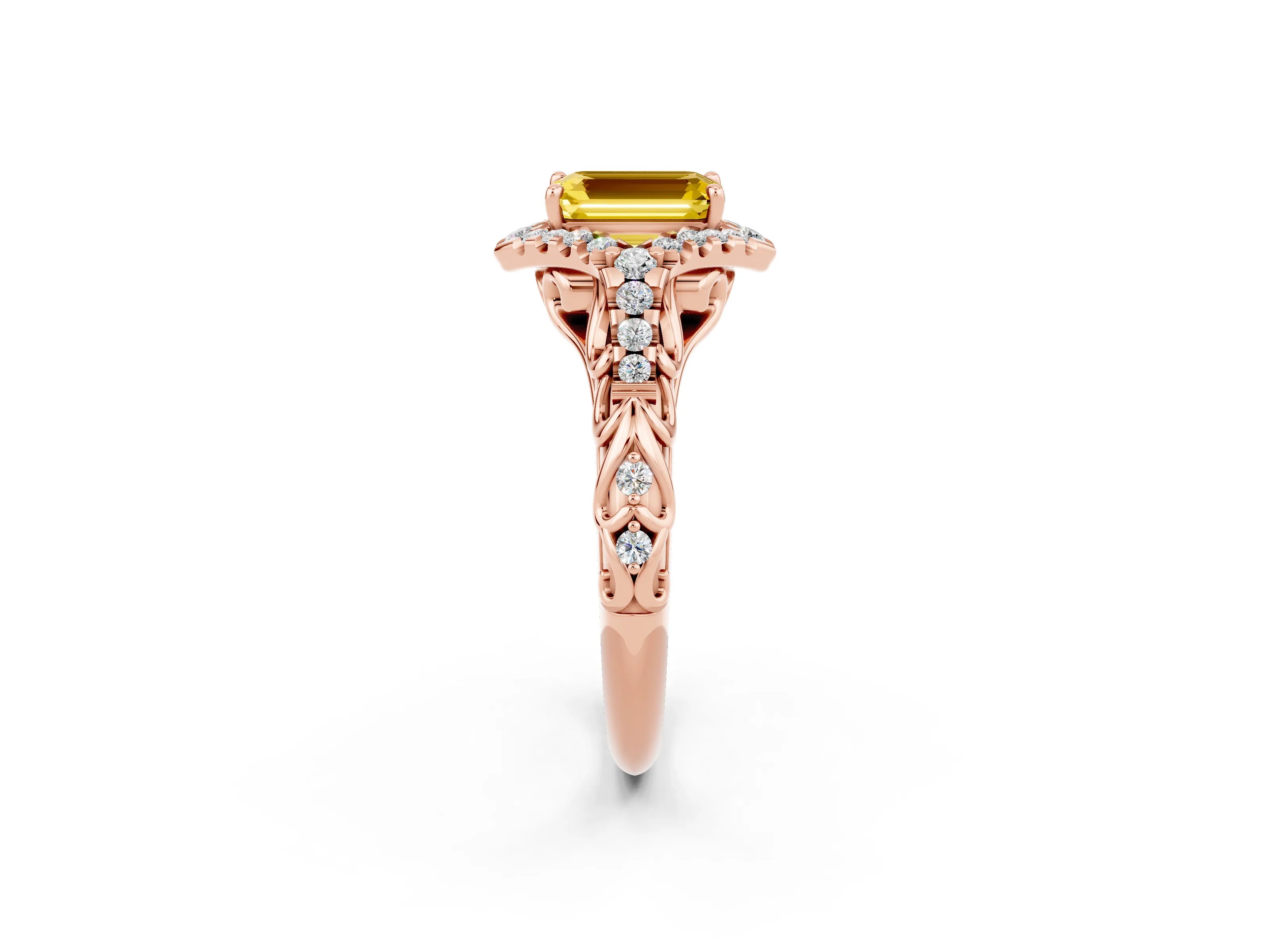 Rose gold Emerald Cut Yellow Sapphire Solitaire Ring with Hidden Halo and Pavé Band_14