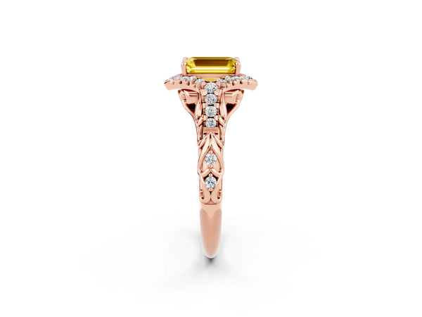 Rose gold Emerald Cut Yellow Sapphire Solitaire Ring with Hidden Halo and Pavé Band