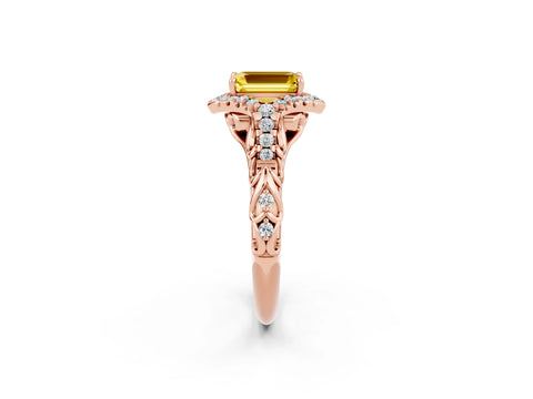 Rose gold Emerald Cut Yellow Sapphire Solitaire Ring with Hidden Halo and Pavé Band_14