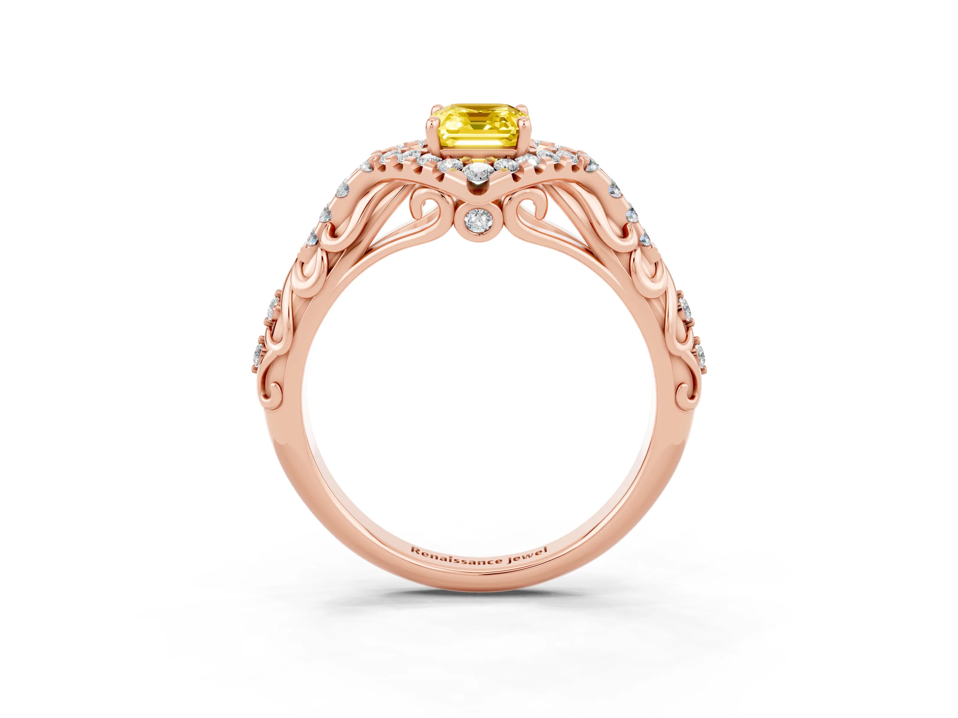 Rose gold Emerald Cut Yellow Sapphire Solitaire Ring with Hidden Halo and Pavé Band_15